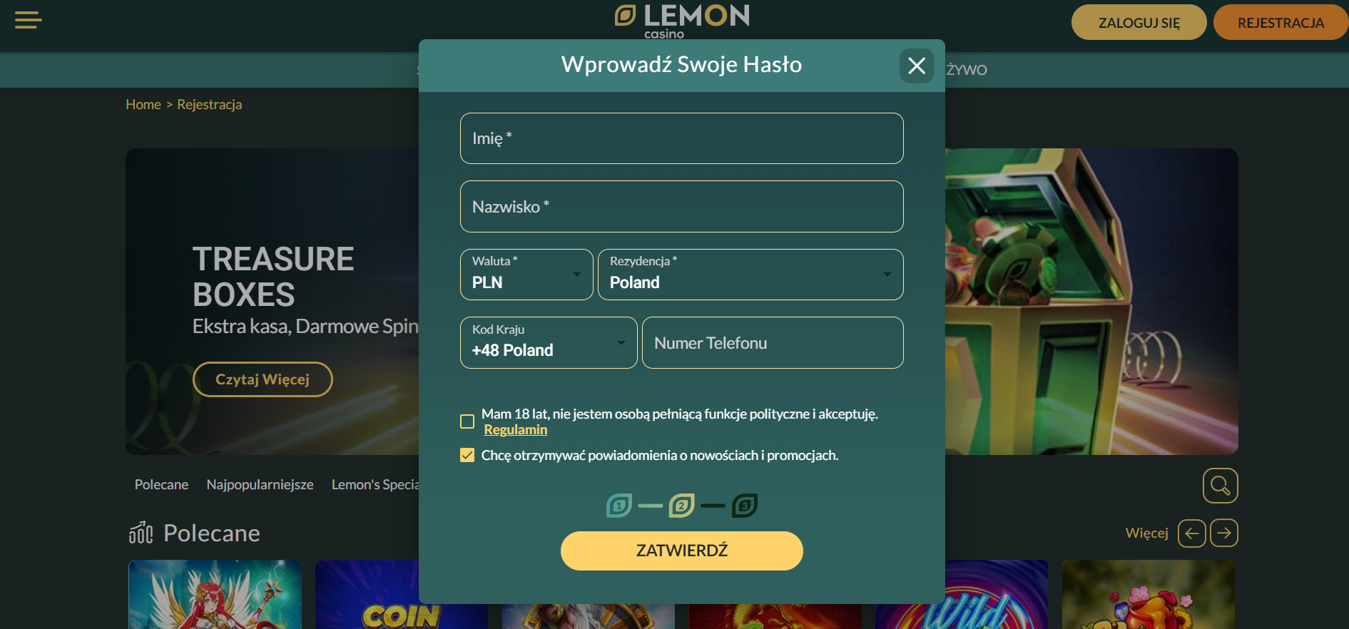 informacje o nowym koncie w Lemon Casino