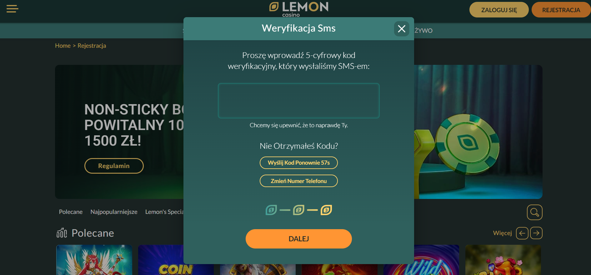 weryfikacja SMS w Lemon Casino
