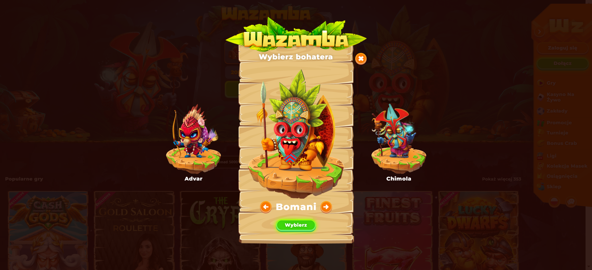 wazamba - wybór bohatera